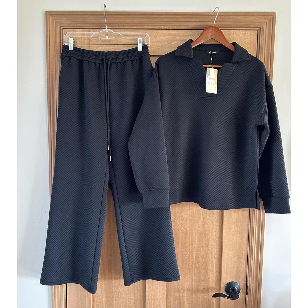 NWT BTFBM Black Textured Collared V-Neck Top & Wide Leg Pants Lounge Set size LG - Picture 2 of 15